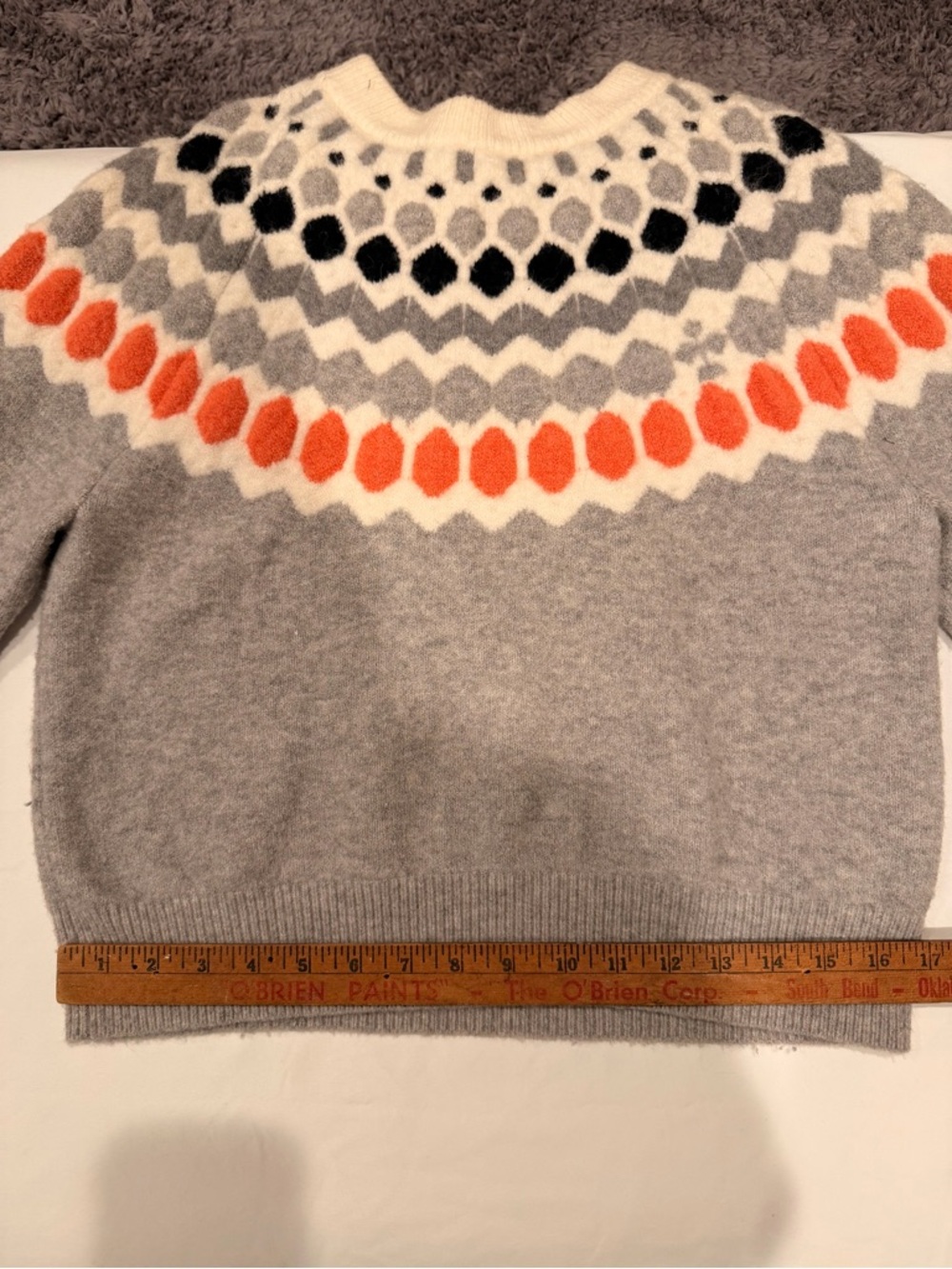 Club Monaco Gray Fair Isle Crewneck Sweater with Orange and Black Accents - Picture 7 of 10